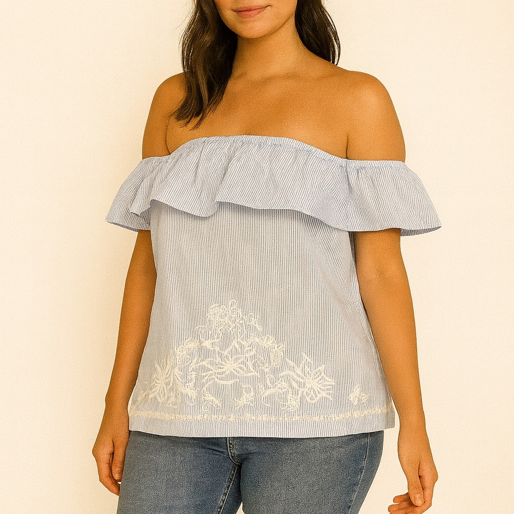Blue and White Embroidered Sleeveless Top
